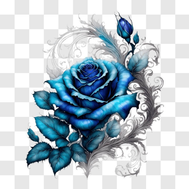 Download Beautiful Blue Rose with Silver Leaves and Floral Designs PNG ...