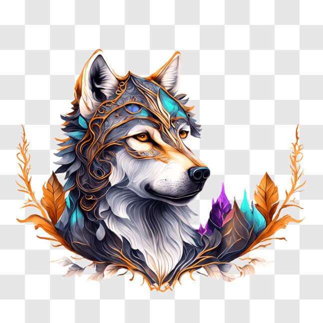 Download Wolf with Crown and Colorful Leaves PNGs Online - Creative Fabrica