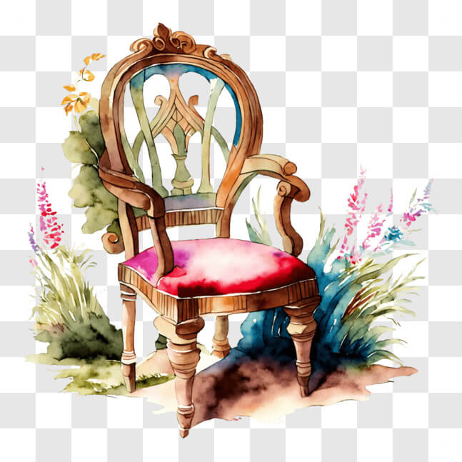 Download Watercolor Painting of Old Chair Surrounded by Flowers PNG ...