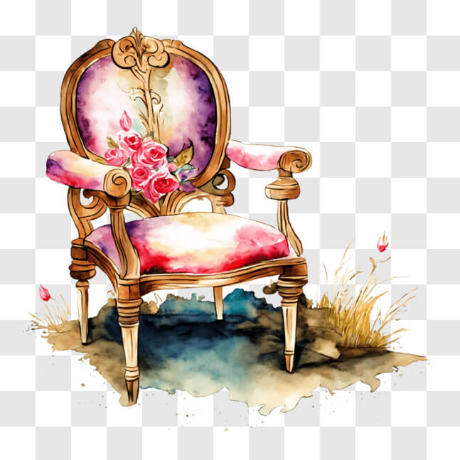Download Ornate Pink Chair with Flowers - Artistic Painting PNG Online ...