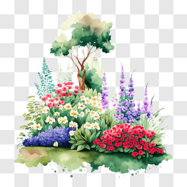 Download Vibrant Garden Landscape with Various Flowers and Trees PNG ...