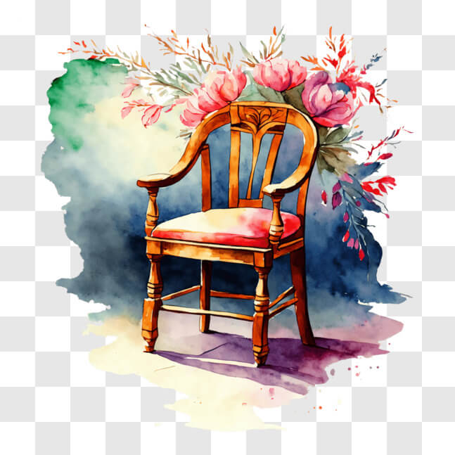 Download Beautiful Watercolor Painting of Wooden Chair with Flowers PNG ...