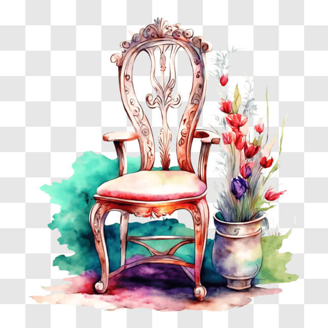 Download Beautiful Watercolor Painting of Ornate Chair with Flowers PNG ...