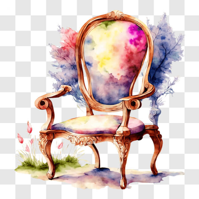 Download Colorful Watercolor Painting of Ornate Chair and Flowers PNG ...