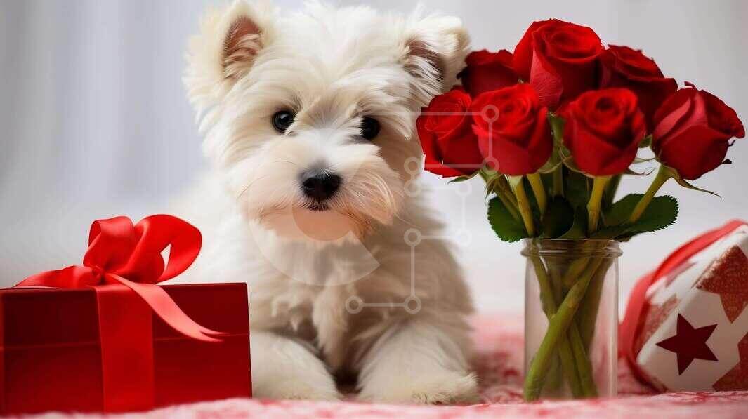 Dog Celebrating Valentine's Day with Red Roses and Balloons stock photo ...
