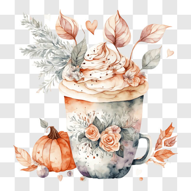 Download Fall-themed Coffee Cup with Whipped Cream and Pumpkins PNG ...