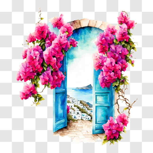 Download Greek Coastal Scene with Open Door and Pink Flowers PNG Online ...