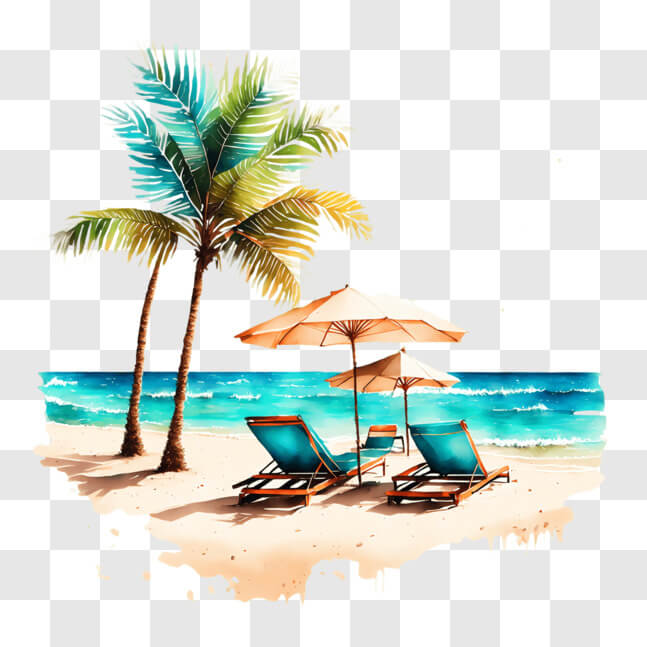 Download Relaxing Beach Scene with Lounge Chairs and Palm Trees PNGs ...