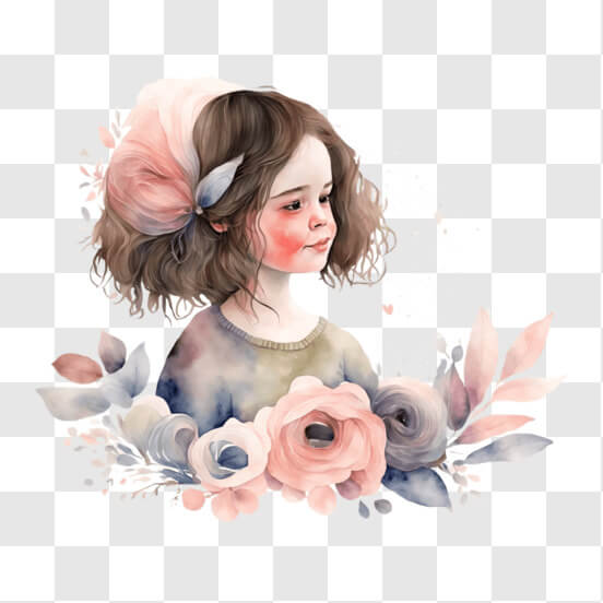 Illustration of Girl with Watercolor Face and Pink Flowers