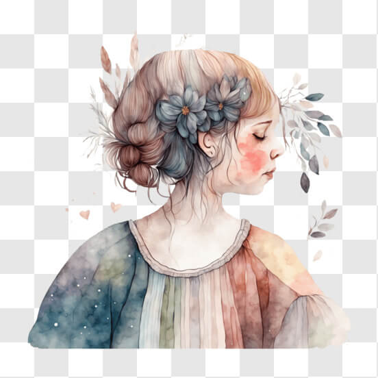 Illustration of a Girl with Colorful Hair and Flowers in Her Hair