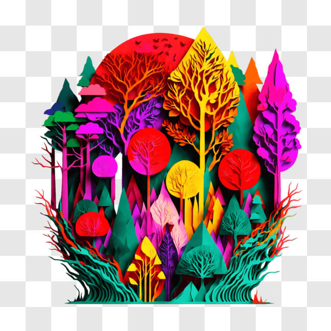Download Vibrant Forest with Unique Tree Designs PNG Online - Creative ...