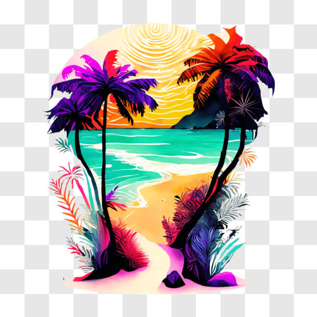 Download Tropical Sunset Beach Scene with Palm Trees and Ocean View PNG ...