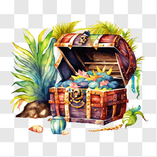 Download Watercolor Painting of Open Treasure Chest with Scattered ...
