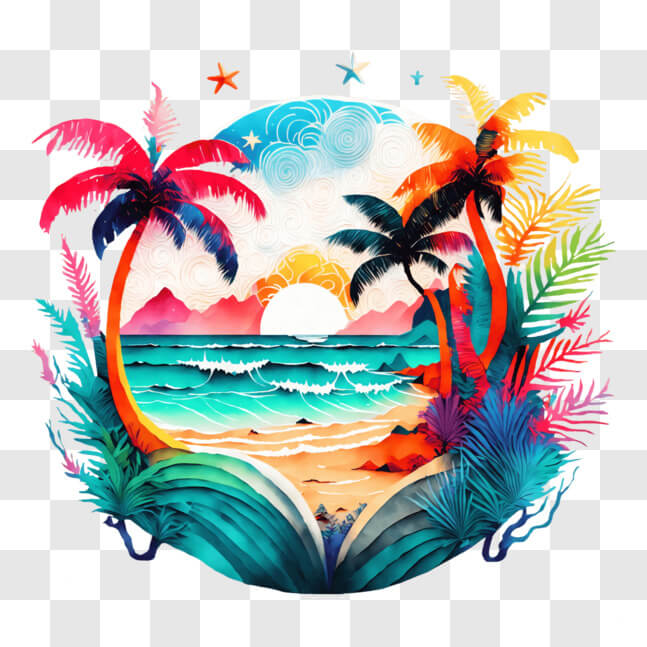 Download Tropical Beach Sunset with Open Book and Palm Trees PNG Online ...