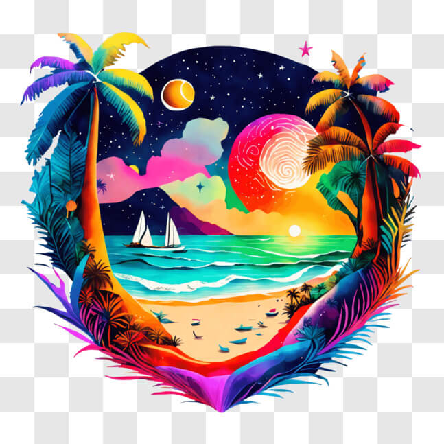 Download Vibrant Tropical Beach with Palm Trees and Sailboats PNG ...