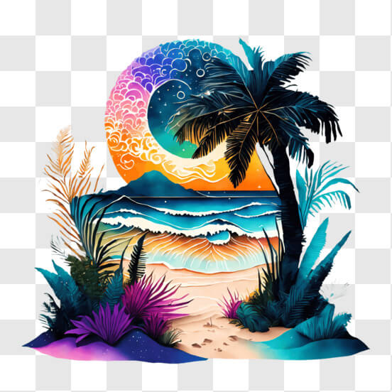 Download Tropical Beach Sunset with Palm Trees and Rocks PNGs Online ...