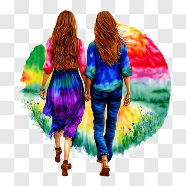 Download Two Women Walking Hand in Hand in a Colorful Landscape PNGs ...