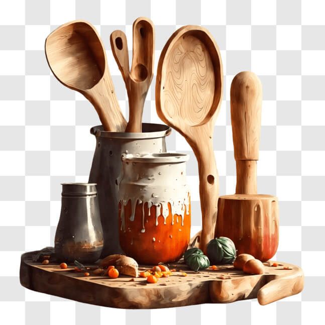 Download Kitchen Cooking Utensils and Ingredients on Wooden Cutting ...