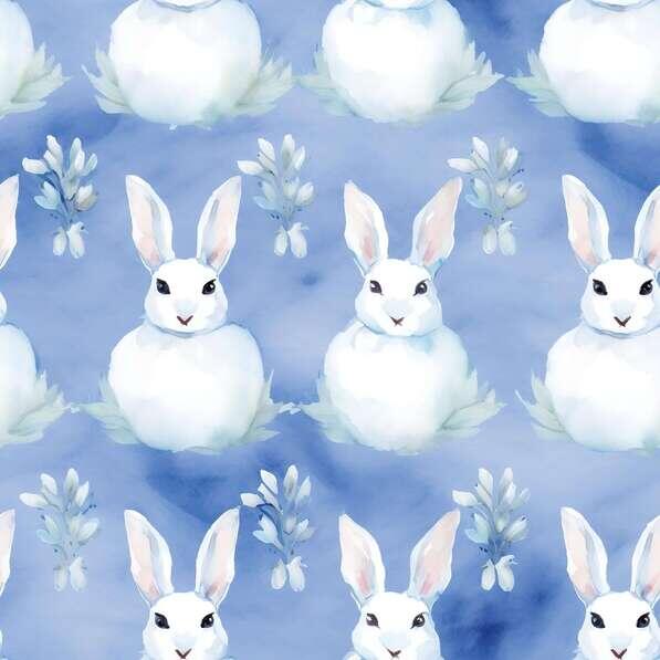 Download White Rabbit Seamless Pattern on Blue Background with Flowers ...