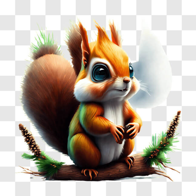 Download Cartoon Squirrel on Evergreen Tree Branch with Paper Hat 
