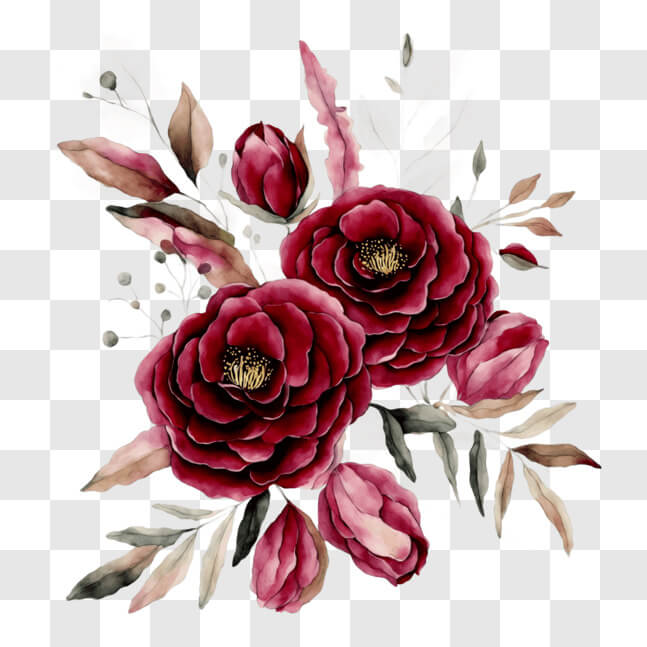 Download Red Roses and Green Leaves Watercolor Painting PNGs Online ...