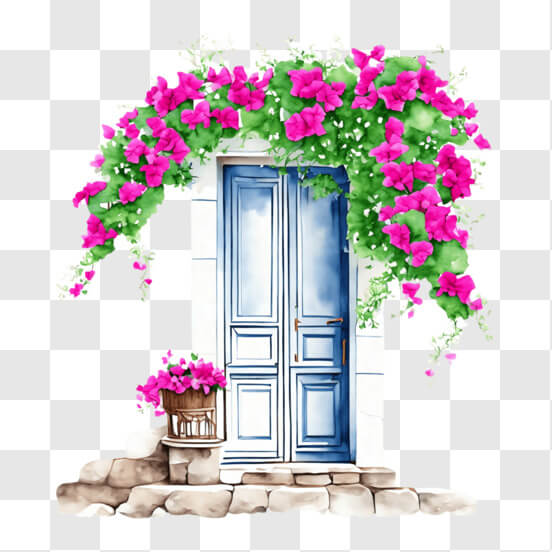 Download Charming Blue Door with Pink Flowers and Potted Plants PNG ...