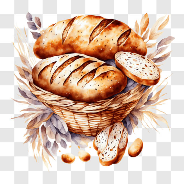 Download Watercolor Painting of Bread Loaves and Wheat in a Basket PNGs ...