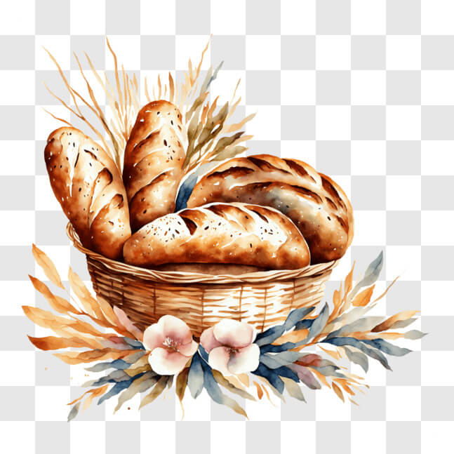 Download Freshly Arranged Bread, Flowers, and Leaves in a Basket PNG ...