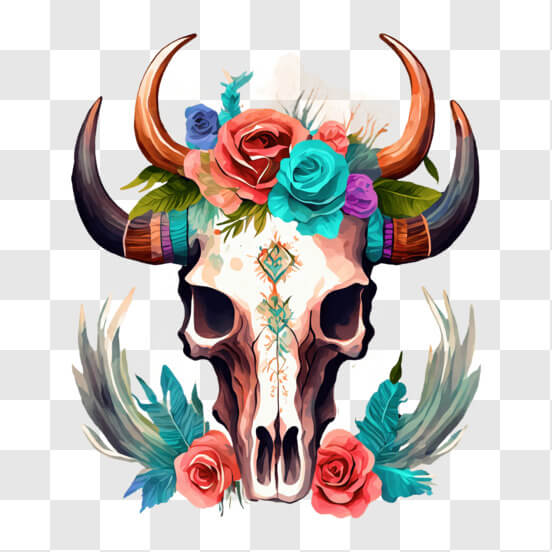 Download Bull Skull Decorated with Flowers and Horns in Artwork PNGs ...