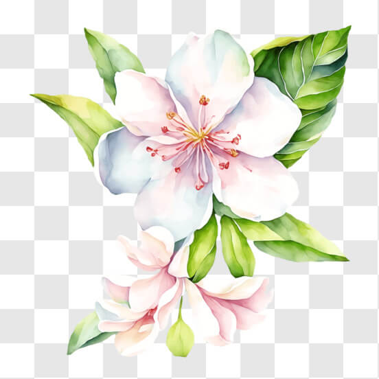Download White Flowers and Green Leaves Watercolor Painting PNG Online ...