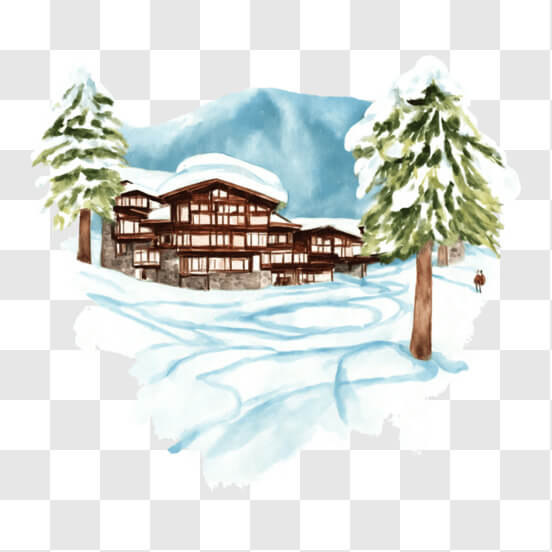 Schneebedeckte Skihütte mit Skifahrern und Snowboardern Hintergründe thumbnail