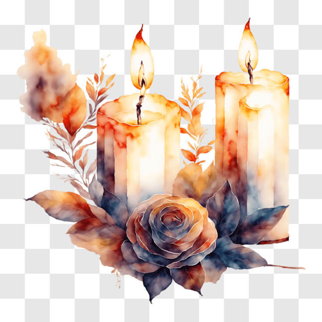 Download Watercolor Painting of Lit Candles with Flowers and Leaves ...