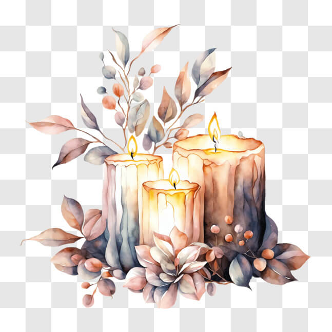 Download Watercolor Painting of Three Candles with Flowers and Leaves ...