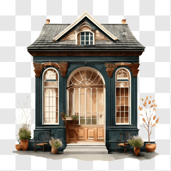 Black and White House with Ornate Front Door and Potted Plants