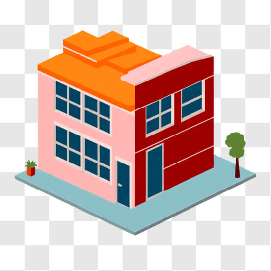 Isometric View of Pink and Orange Two-Story Building