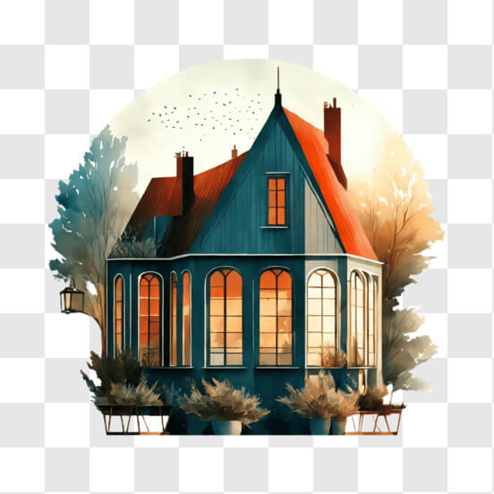 Illustration of a House in Blue and Red Tones with Potted Plants