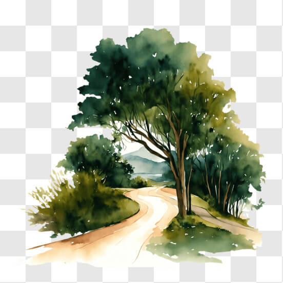 Idyllic Watercolor Landscape with Trees and Dirt Road