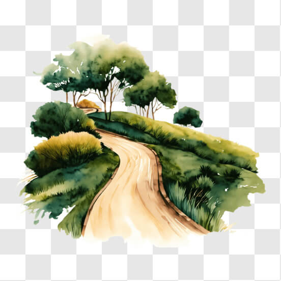 Idyllic Watercolor Landscape Painting with Trees and Dirt Road
