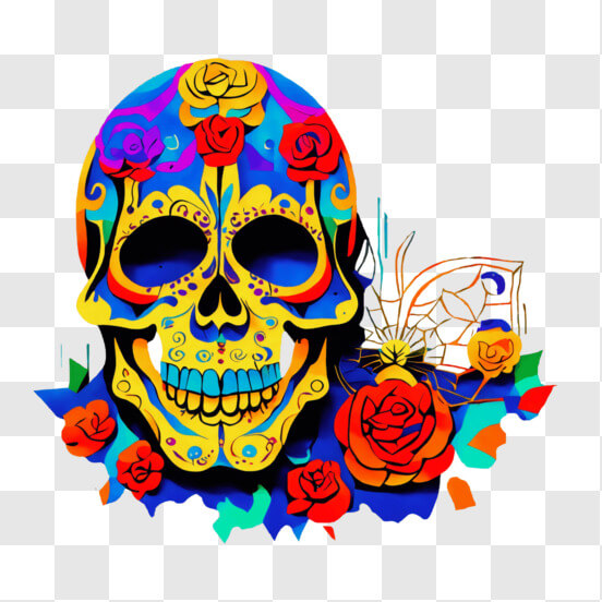 Colorful Sugar Skull with Roses and Butterflies