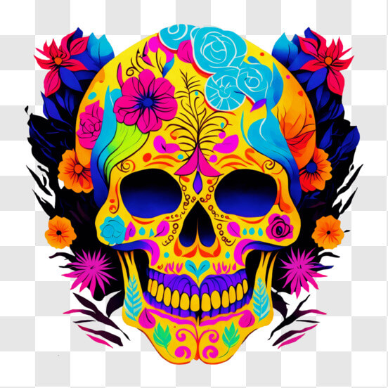 Colorful Sugar Skull with Bright Flowers on Black Background