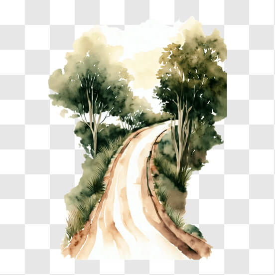 Idyllic Road in the Forest Watercolor Painting