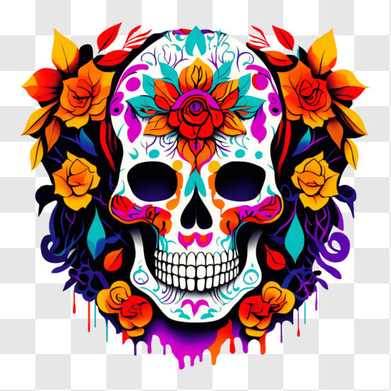 Colorful Sugar Skull with Flowers and Decorations