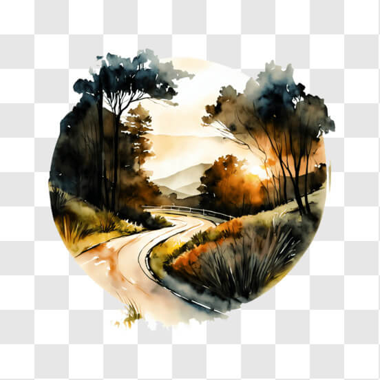 Watercolor Painting of Idyllic Landscape with Trees and Winding Roads