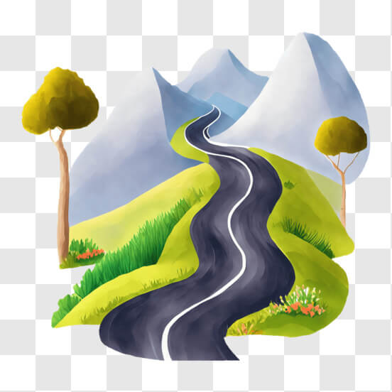 Scenic Winding Road with Trees and Mountains