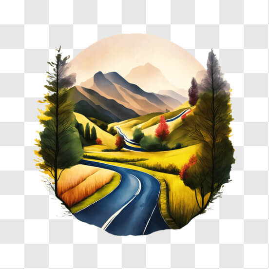 Circular Painting of Idyllic Landscape with Winding Road