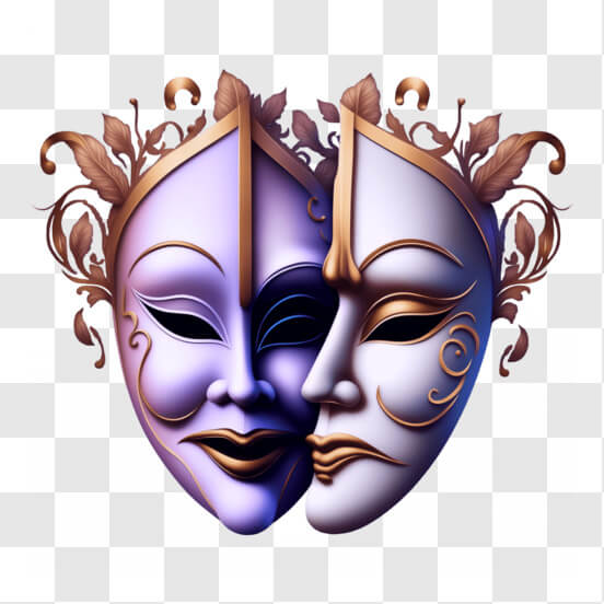 Comedy and tragedy mask, two gold masks transparent background PNG