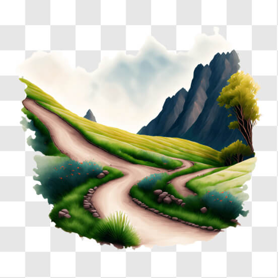 Scenic Road Through Grassy Hills and Greenery