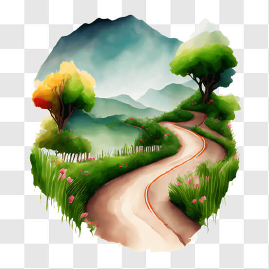 Idyllic Countryside Road with Trees and Flowers