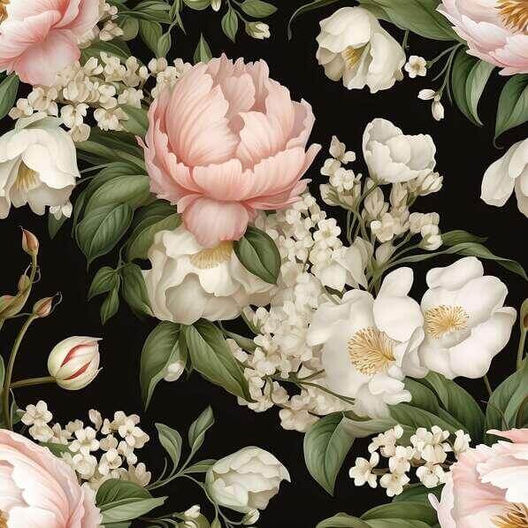 Download Seamless Pink and White Peony Floral Pattern on Black ...