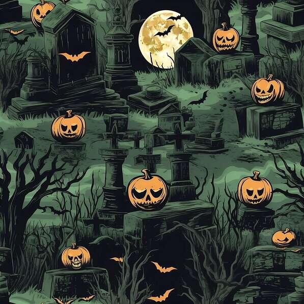 Download Halloween Cemetery Scene with Pumpkins and Bats Patterns ...